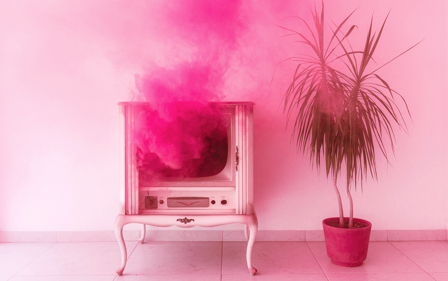 Ein pinkfarbiges Zimmer mit pinken Möbeln. Es stehen eine Palme und ein qualmender Fernseher im Raum.